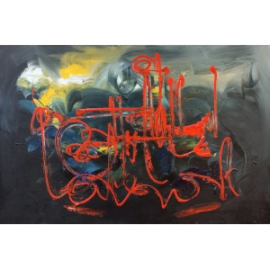 Riaz Rafi, 24 x 36 Inch, Oil on Canvas, Calligraphy Painting, AC-RR-036